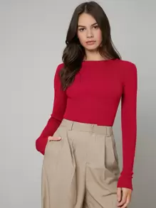 BizChic Solid Boat Neck Sweater - Red - View 5