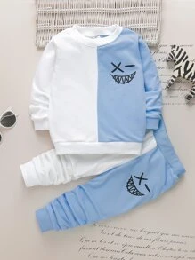 SHEIN 男孩卡通臉印花兩色調運動衫和運動褲 - 藍白色 - 查看 1