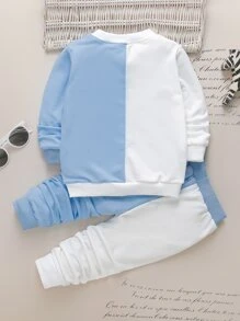 SHEIN 男孩卡通臉印花兩色調運動衫和運動褲 - 藍白色 - 查看 2