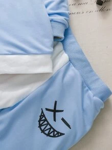 SHEIN 男孩卡通臉印花兩色調運動衫和運動褲 - 藍白色 - 查看 4