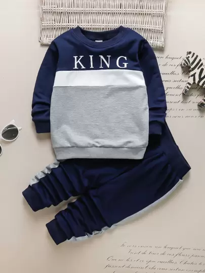 SHEIN Explorewe Young Boy Color-Block Letter Graphic Sweatshirt & Sweatpants