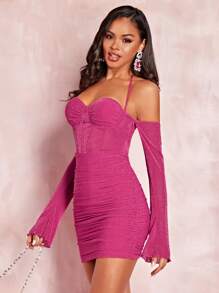 SHEIN BAE Tie Backless Ruched Glitter Bodycon Dress - Hot Pink - View 3