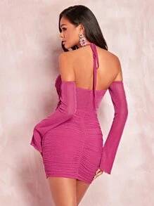 SHEIN BAE Tie Backless Ruched Glitter Bodycon Dress - Hot Pink - View 2