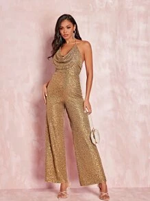 SHEIN BAE Draped Front Backless Sequin Halter Jumpsuit - Khaki - View 1