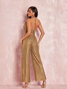 SHEIN BAE Draped Front Backless Sequin Halter Jumpsuit - Khaki - View 2