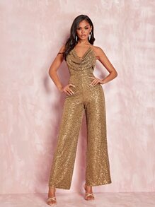SHEIN BAE Draped Front Backless Sequin Halter Jumpsuit - Khaki - View 3