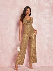 SHEIN BAE Draped Front Backless Sequin Halter Jumpsuit - Khaki - View 4