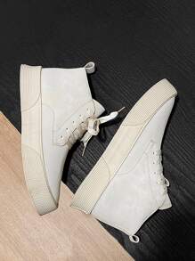Men High Top Lace-up Front Skate Shoes - Beige - View 2