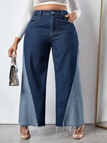 SHEIN SXY Plus High Waist Colourblock Raw Trim Wide Leg Jeans - Medium Wash - View 1