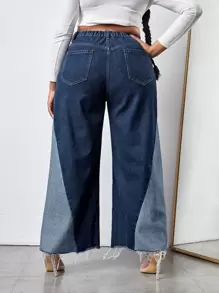 SHEIN SXY Plus High Waist Colourblock Raw Trim Wide Leg Jeans - Medium Wash - View 2