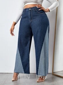 SHEIN SXY Plus High Waist Colourblock Raw Trim Wide Leg Jeans - Medium Wash - View 3