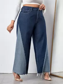 SHEIN SXY Plus High Waist Colourblock Raw Trim Wide Leg Jeans - Medium Wash - View 4