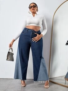 SHEIN SXY Plus High Waist Colourblock Raw Trim Wide Leg Jeans - Medium Wash - View 5