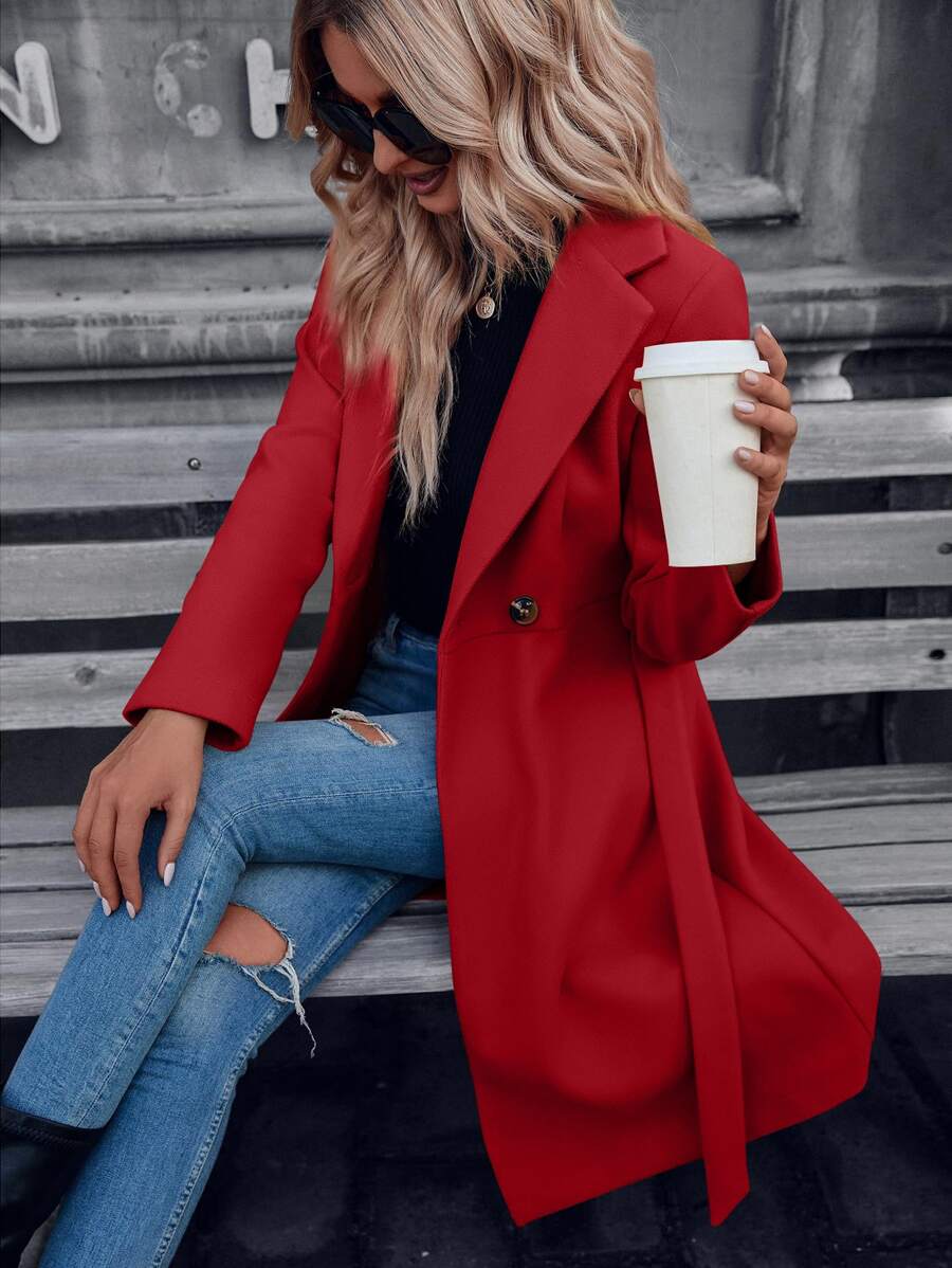 SHEIN LUNE Áo khoác ngoài nữ Thắt lưng Nút đôi màu trơn Thanh lịch - Đỏ - Xem 1