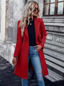 SHEIN LUNE Áo khoác ngoài nữ Thắt lưng Nút đôi màu trơn Thanh lịch - Đỏ - Xem 5
