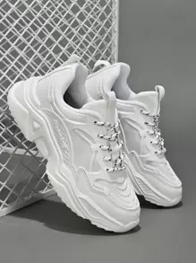 Men Letter Graphic Lace-up Front Chunky Sneakers - White - View 1