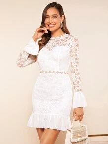 SHEIN Privé Flounce Sleeve Ruffle Hem Lace Dress - White - View 6