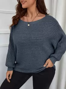 SHEIN LUNE Suéter holgado de cuello de barco de punto de unicolor para mujer de talla grande, versátil, clásico, minimalista y elegante, para otoño/invierno - Neblina azul - Ver 3