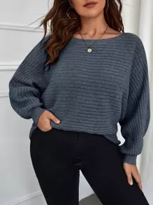 SHEIN LUNE Suéter holgado de cuello de barco de punto de unicolor para mujer de talla grande, versátil, clásico, minimalista y elegante, para otoño/invierno - Neblina azul - Ver 5