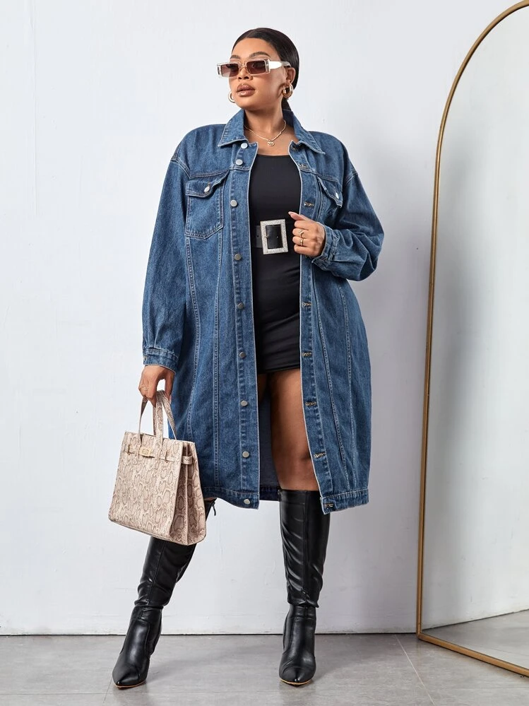 Plus Flap Pocket Drop Shoulder Denim Jacket | SHEIN USA