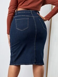 Plus High Waist Button Front Denim Skirt - Dark Wash - View 2