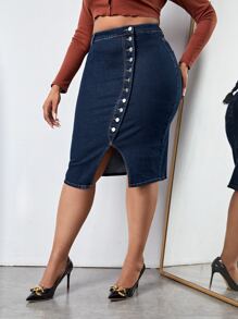 Plus High Waist Button Front Denim Skirt - Dark Wash - View 4