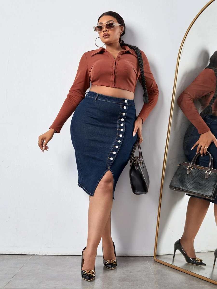 Plus High Waist Button Front Denim Skirt - Dark Wash - View 1