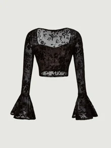 SHEIN MOD Flounce Sleeve Lace Top - Black - View 3