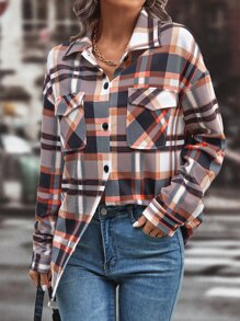 SHEIN LUNE Plaid Print Flap Pocket Drop Shoulder Shirt - Multicolor - View 3