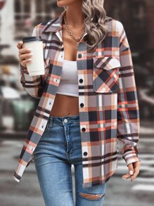 SHEIN LUNE Plaid Print Flap Pocket Drop Shoulder Shirt - Multicolor - View 4
