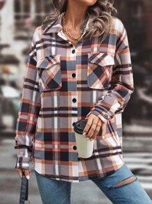SHEIN LUNE Plaid Print Flap Pocket Drop Shoulder Shirt - Multicolor - View 5
