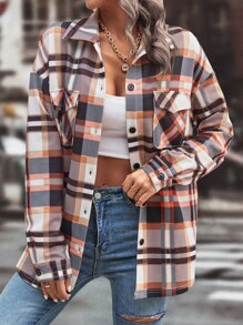 SHEIN LUNE Plaid Print Flap Pocket Drop Shoulder Shirt - Multicolor - View 6