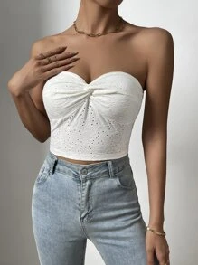SHEIN SXY 前扭結網眼刺繡抹胸上衣 - 白色 - 查看 1