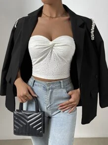 SHEIN SXY 前扭結網眼刺繡抹胸上衣 - 白色 - 查看 3