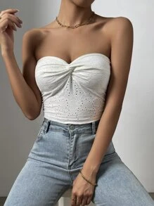 SHEIN SXY 前扭結網眼刺繡抹胸上衣 - 白色 - 查看 5