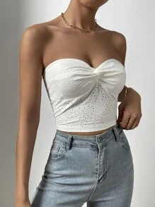 SHEIN SXY 前扭結網眼刺繡抹胸上衣 - 白色 - 查看 6