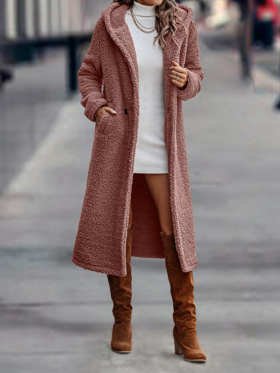 SHEIN LUNE Double Button Hooded Flannel Coat - Dusty Pink - View 1