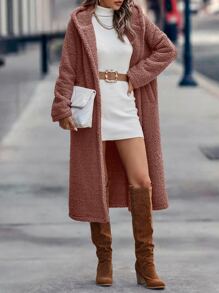 SHEIN LUNE Double Button Hooded Flannel Coat - Dusty Pink - View 3