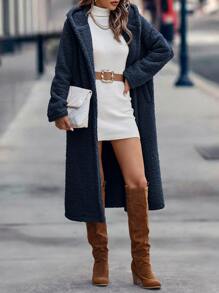 SHEIN LUNE Double Button Hooded Flannel Coat - Navy Blue - View 5