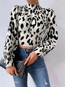 SHEIN Privé Áo sơ mi nữ Lộ Lưng Cắt ra Buộc lại In hoa Báo Gợi cảm - Đen và trắng - Xem 3