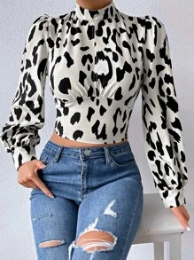 SHEIN Privé Áo sơ mi nữ Lộ Lưng Cắt ra Buộc lại In hoa Báo Gợi cảm - Đen và trắng - Xem 4