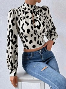 SHEIN Privé Áo sơ mi nữ Lộ Lưng Cắt ra Buộc lại In hoa Báo Gợi cảm - Đen và trắng - Xem 5