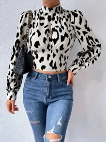 SHEIN Privé Áo sơ mi nữ Lộ Lưng Cắt ra Buộc lại In hoa Báo Gợi cảm - Đen và trắng - Xem 6