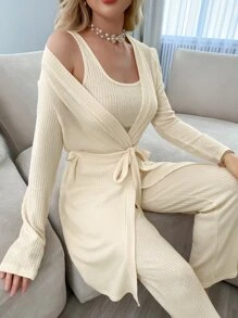 3入組素色條紋針織腰帶休閒服套裝 - 杏色 - 查看 1