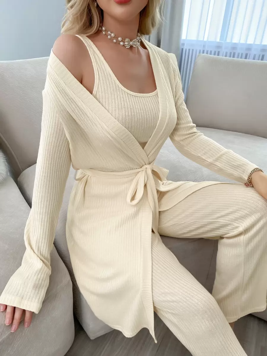 3入組素色條紋針織腰帶休閒服套裝 - 杏色 - 查看 1