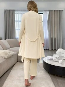 3入組素色條紋針織腰帶休閒服套裝 - 杏色 - 查看 2