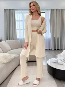 3入組素色條紋針織腰帶休閒服套裝 - 杏色 - 查看 4