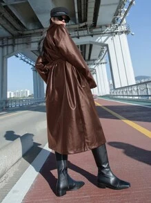 DAZY Raglan Sleeve Belted PU Leather Coat - Coffee Brown - View 3