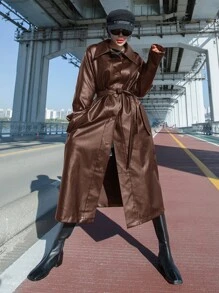 DAZY Raglan Sleeve Belted PU Leather Coat - Coffee Brown - View 4