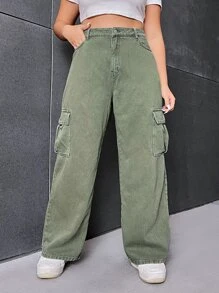SHEIN EZwear 大碼側翻蓋口袋工裝牛仔褲 - 軍綠色 - 查看 1